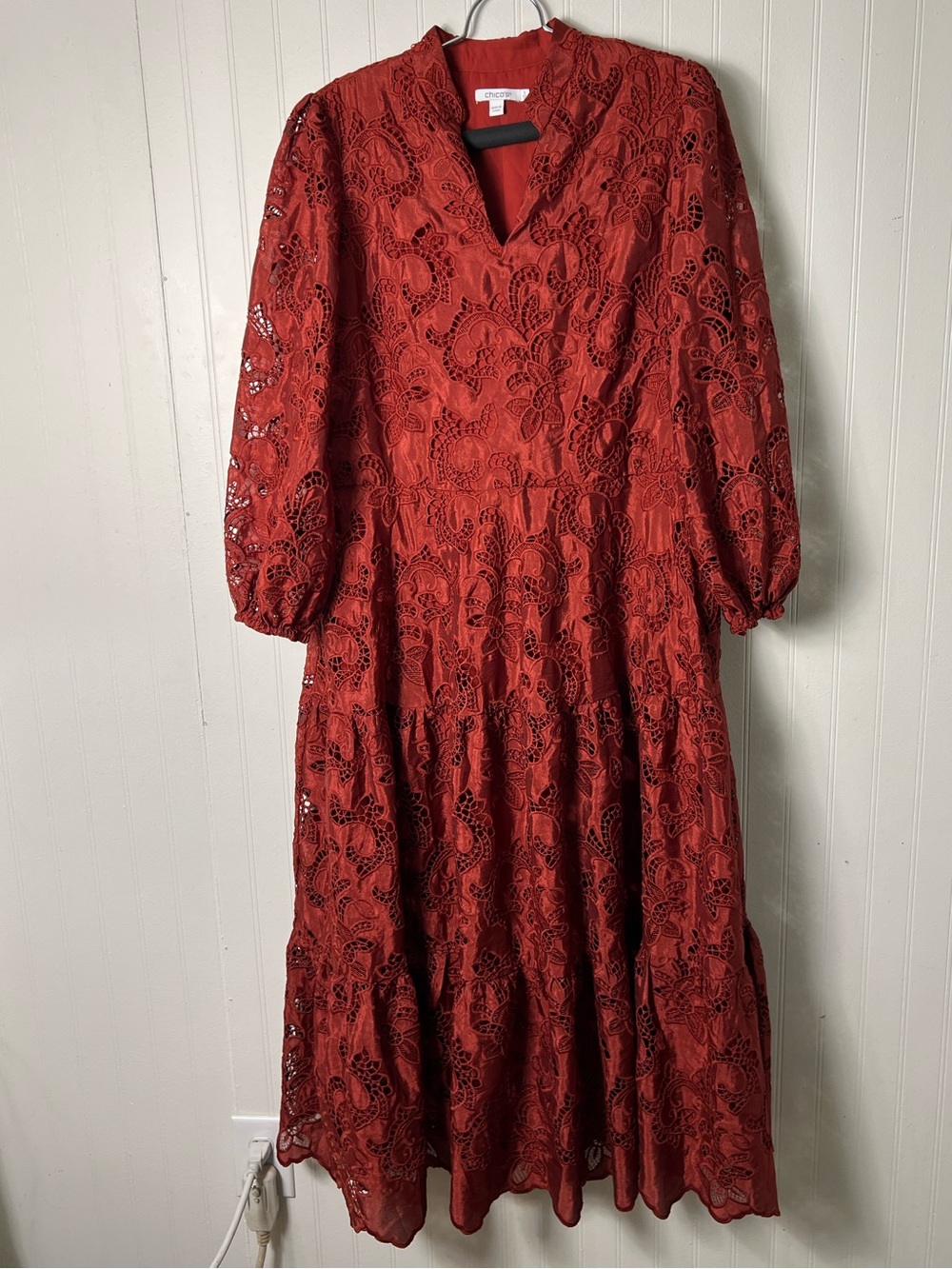 Chico's Eyelet Lace Maxi Floral Dress Women’s 12 Rust Red Summer Dress Boho